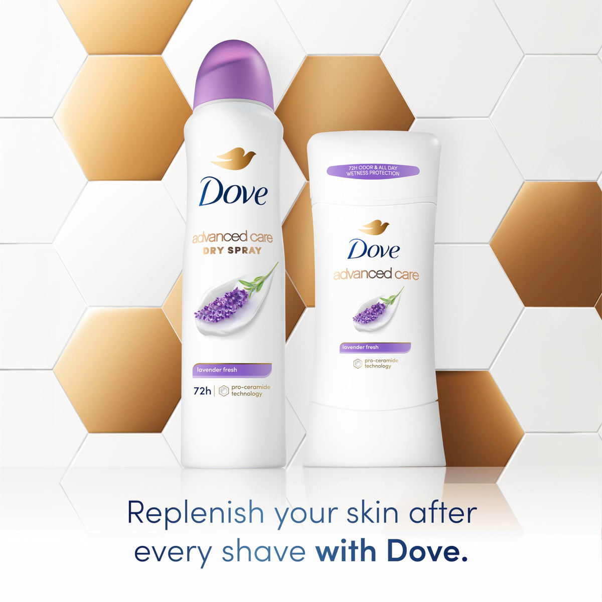 Applying Dove Advanced Care stick underarm demonstrating fast-drying protection