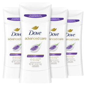 Dove Advanced Care front packaging showing lavender scent and 4 count benefit