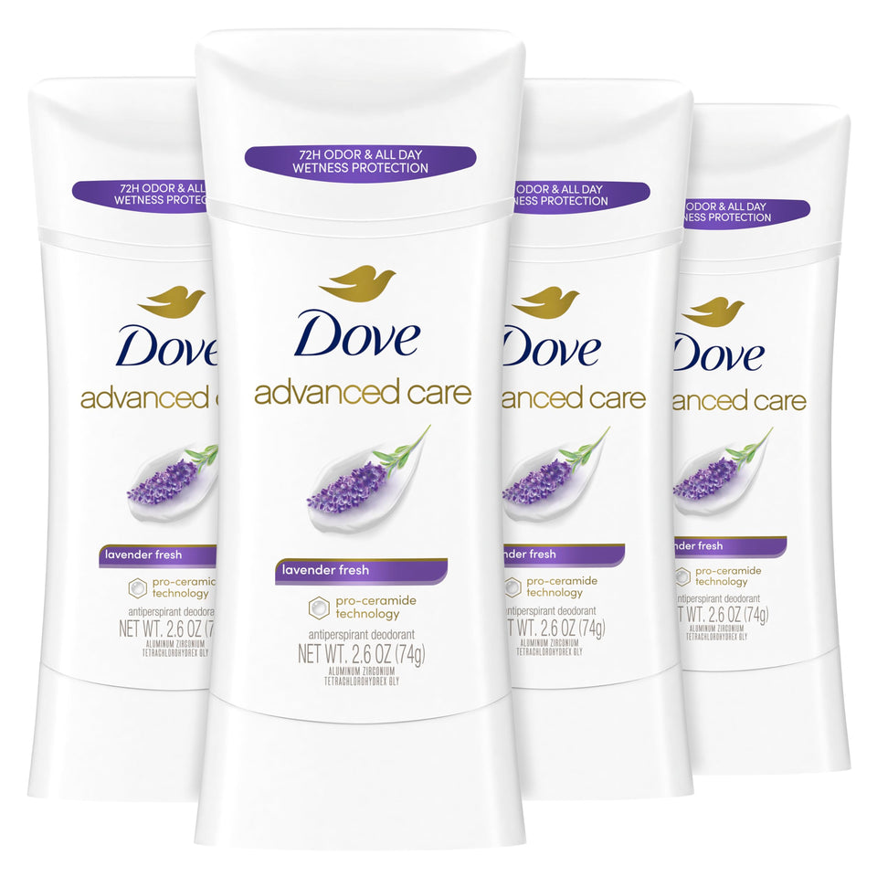 Dove Advanced Care front packaging showing lavender scent and 4 count benefit
