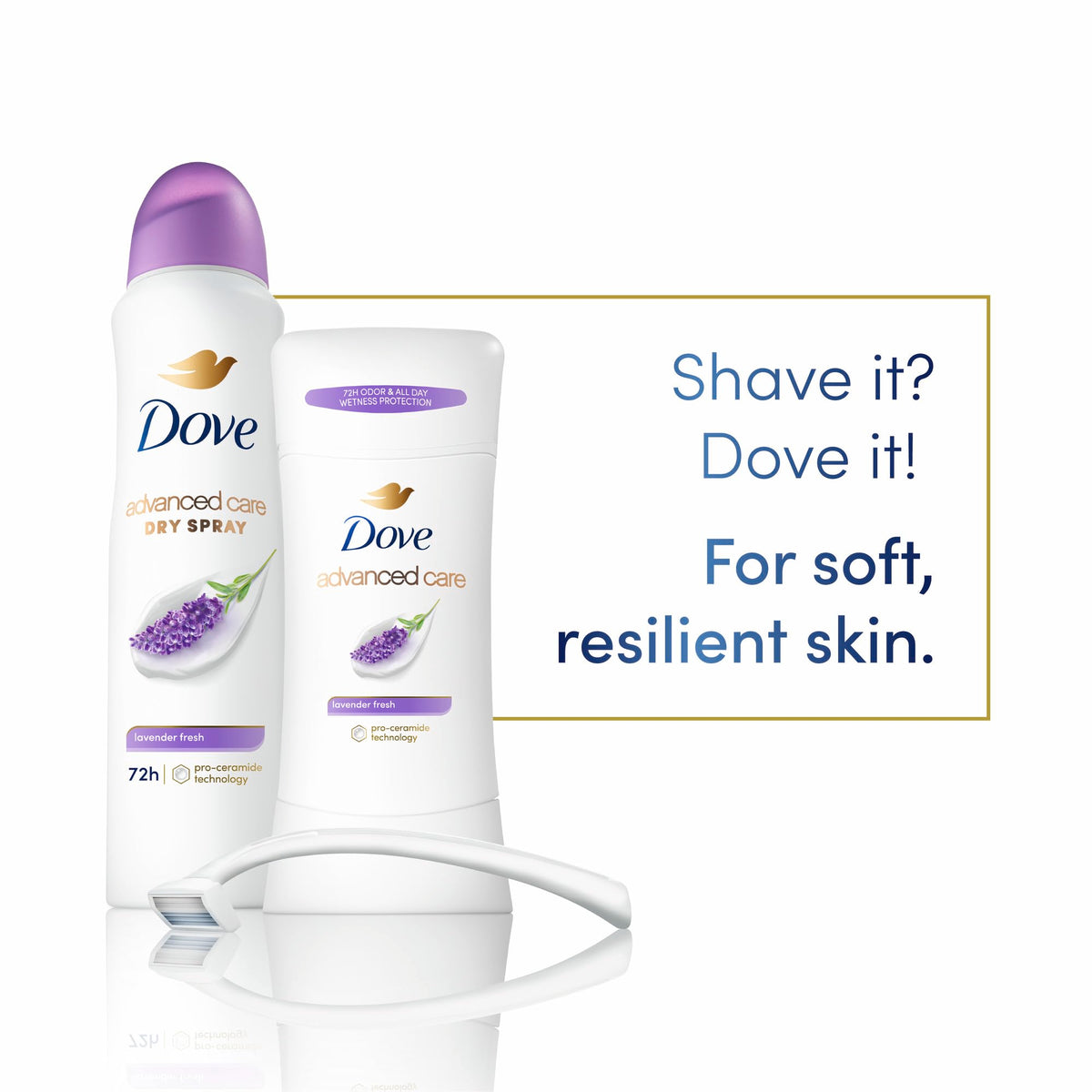 Dove Advanced Care placed on bathroom shelf with lavender scene for calming care