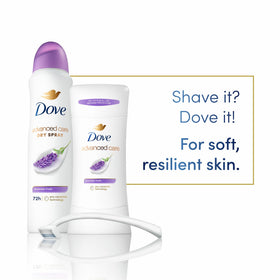 Dove Advanced Care placed on bathroom shelf with lavender scene for calming care