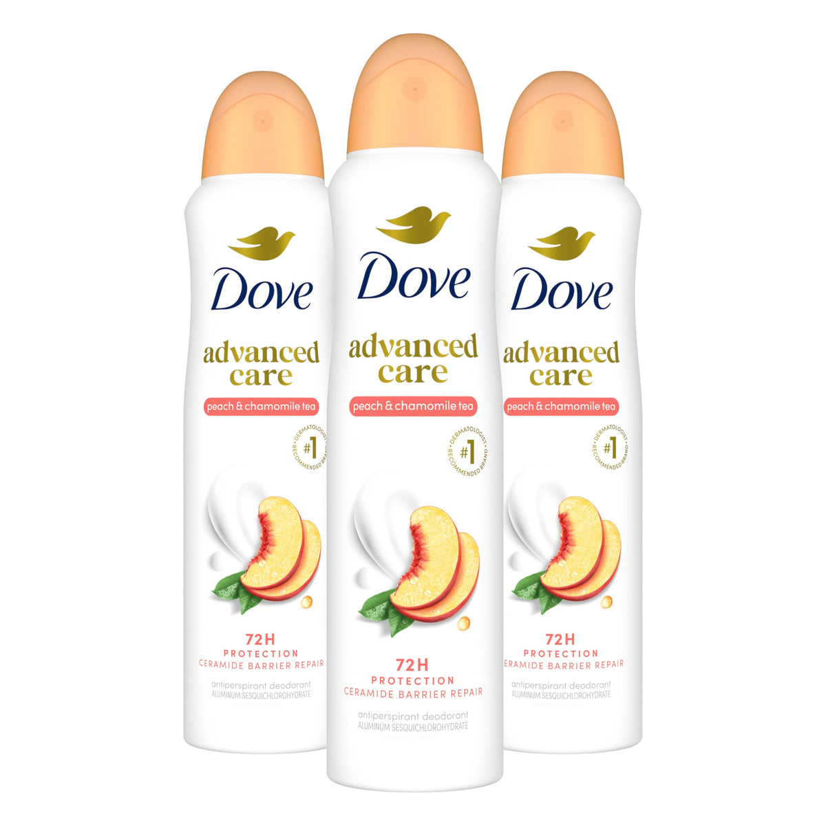 Dove front packaging showing peach chamomile scent and long-lasting protection