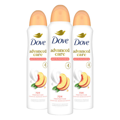Dove front packaging showing peach chamomile scent and long-lasting protection