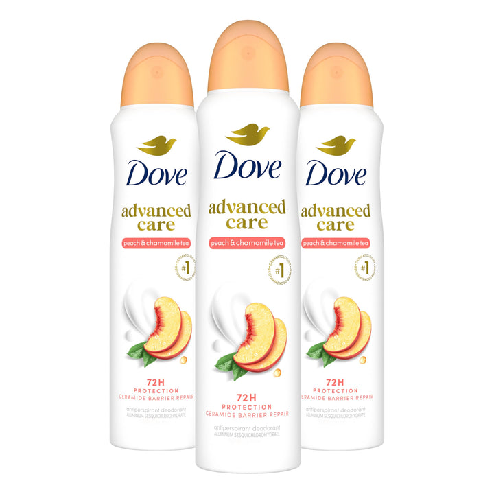 Dove front packaging showing peach chamomile scent and long-lasting protection