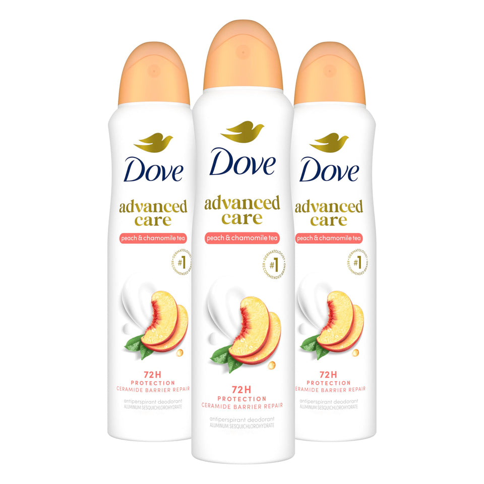 Dove front packaging showing peach chamomile scent and long-lasting protection