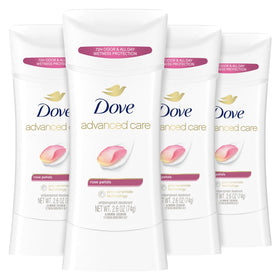 Dove front packaging showing rose petals scent and 72-hour protection benefits