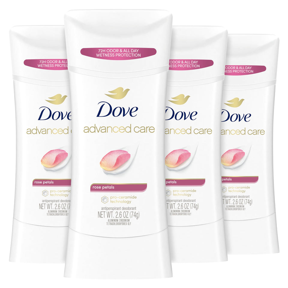 Dove front packaging showing rose petals scent and 72-hour protection benefits