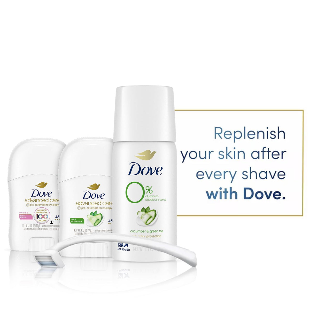 Dove aluminum-free spray bottle detail highlighting 1.1 oz TSA-friendly convenience