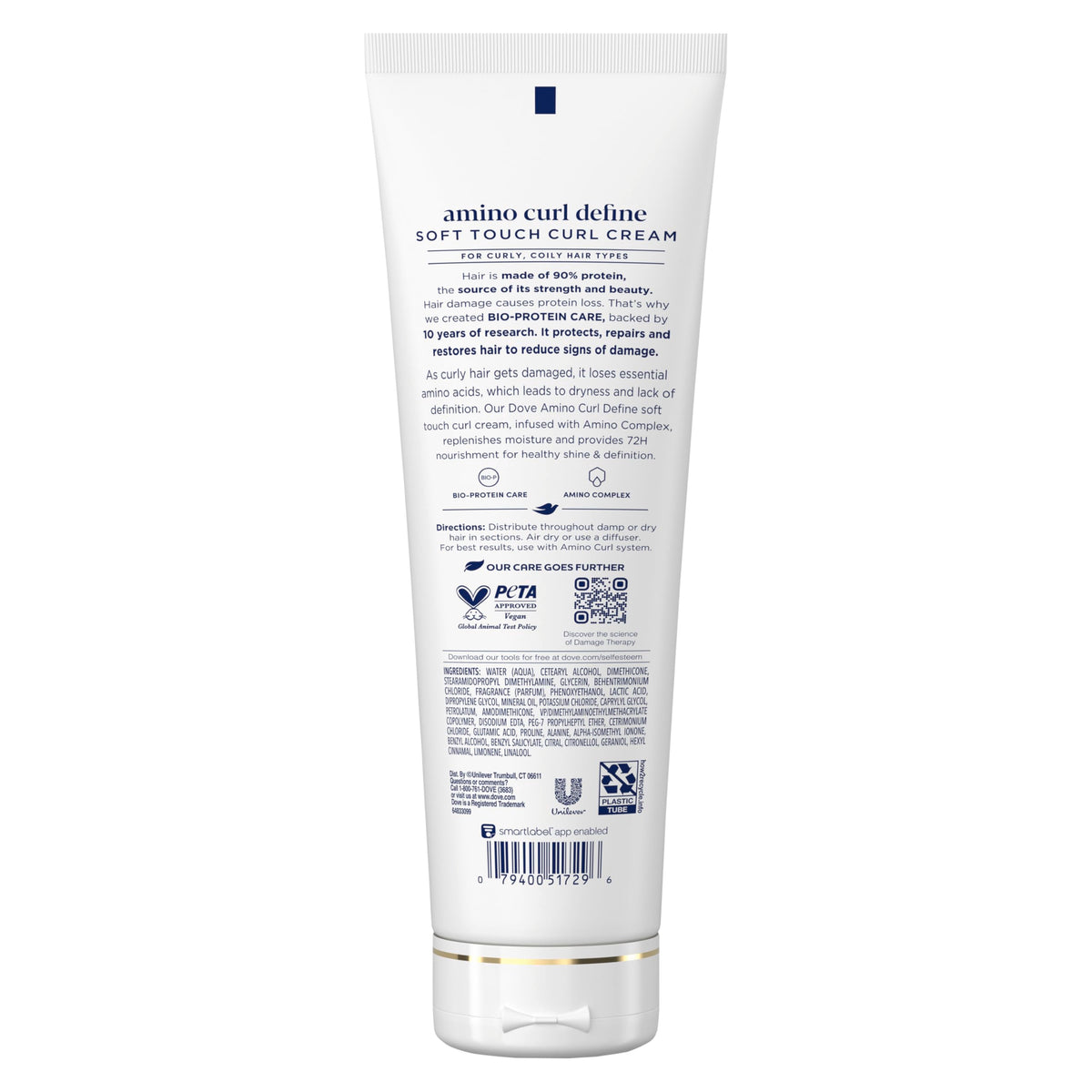 Dove Amino Curl label closeup highlighting Amino Complex and Bio-Protein Care