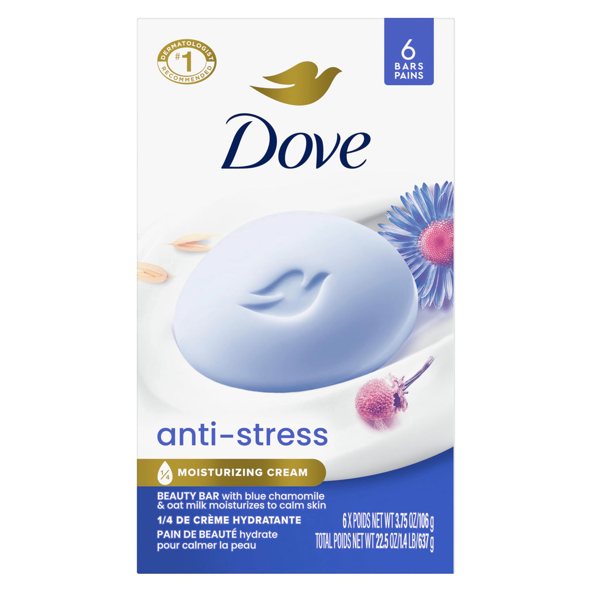 Dove anti-stress beauty bar front packaging showing calming scent and benefits
