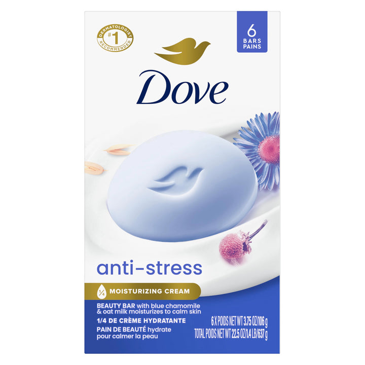Dove anti-stress beauty bar front packaging showing calming scent and benefits