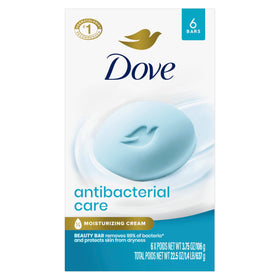 Dove antibacterial care front packaging showing six bars and moisturizing benefit