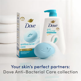 Close view of Dove antibacterial pack label detailing 1/4 moisturizing cream and claims