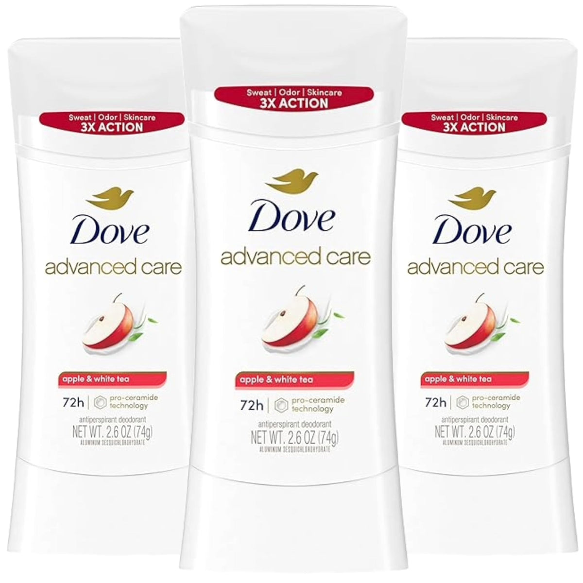 Dove Apple & White Tea front packaging showing three sticks and benefits
