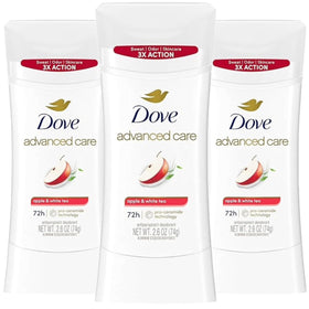 Dove Apple & White Tea front packaging showing three sticks and benefits