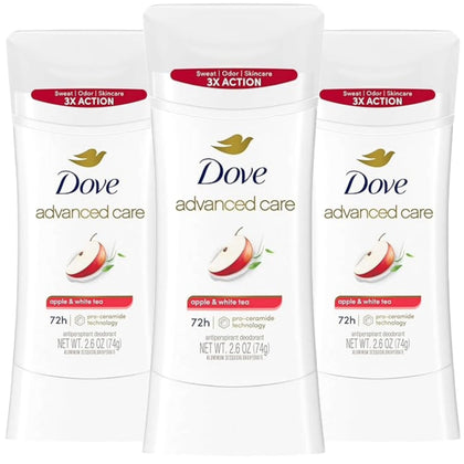 Dove Apple & White Tea front packaging showing three sticks and benefits