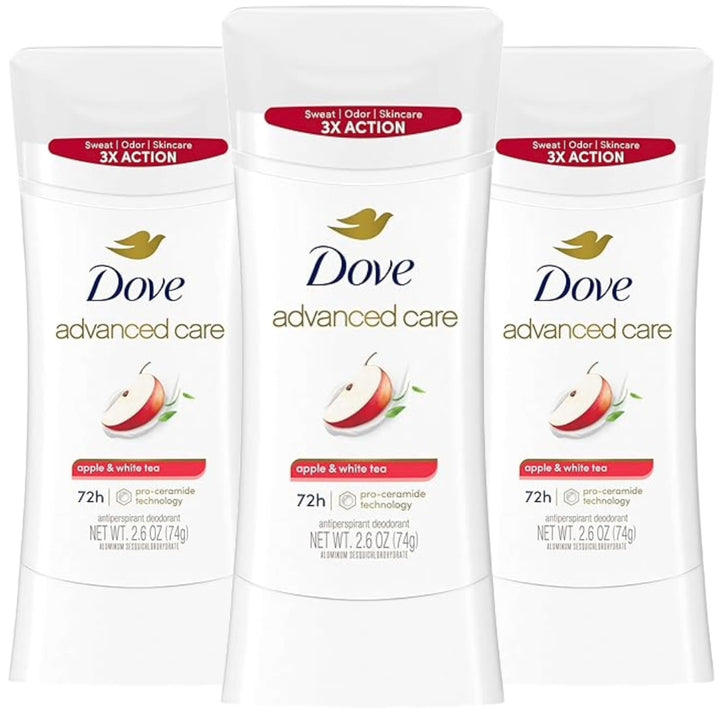 Dove Apple & White Tea front packaging showing three sticks and benefits