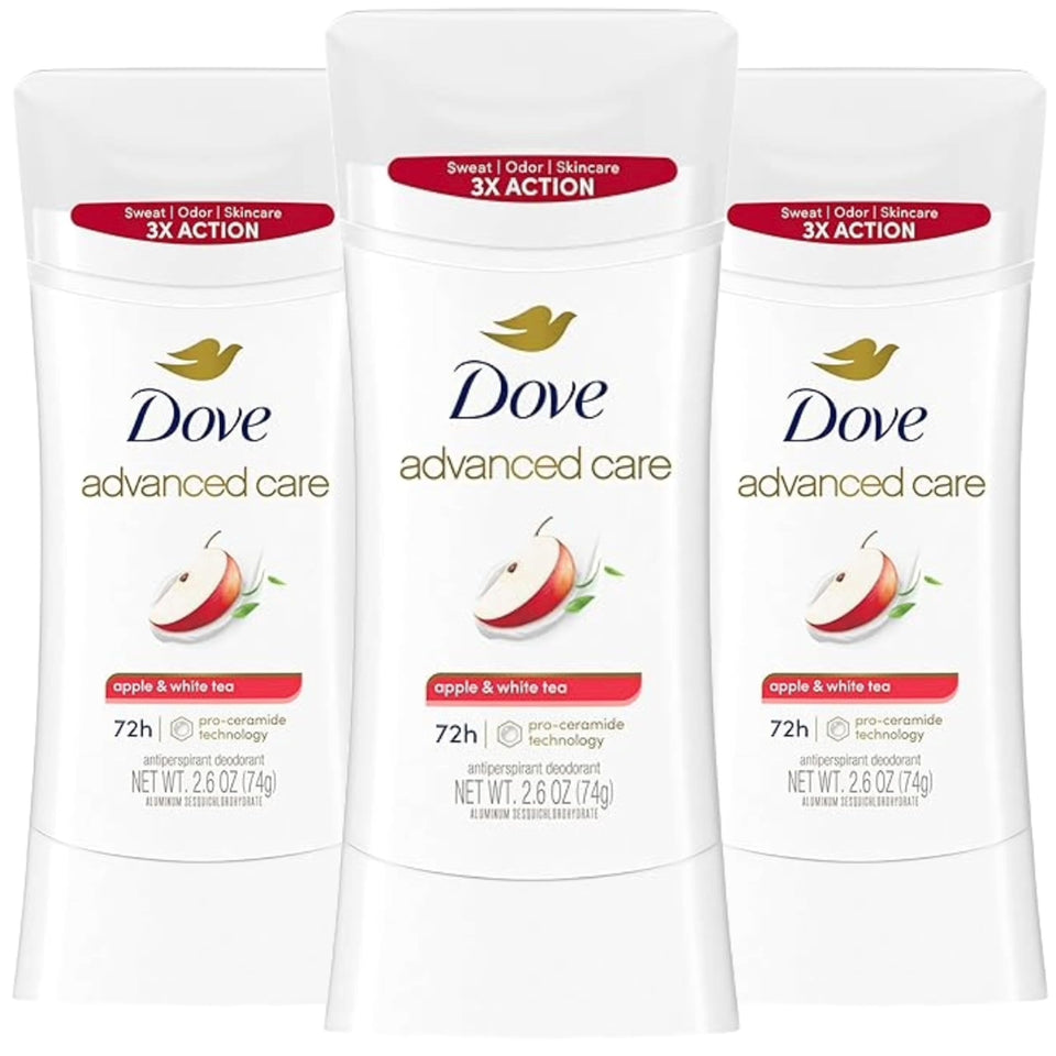 Dove Apple & White Tea front packaging showing three sticks and benefits