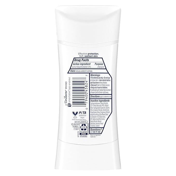 Dove deodorant stick close-up application showing smooth glide and care