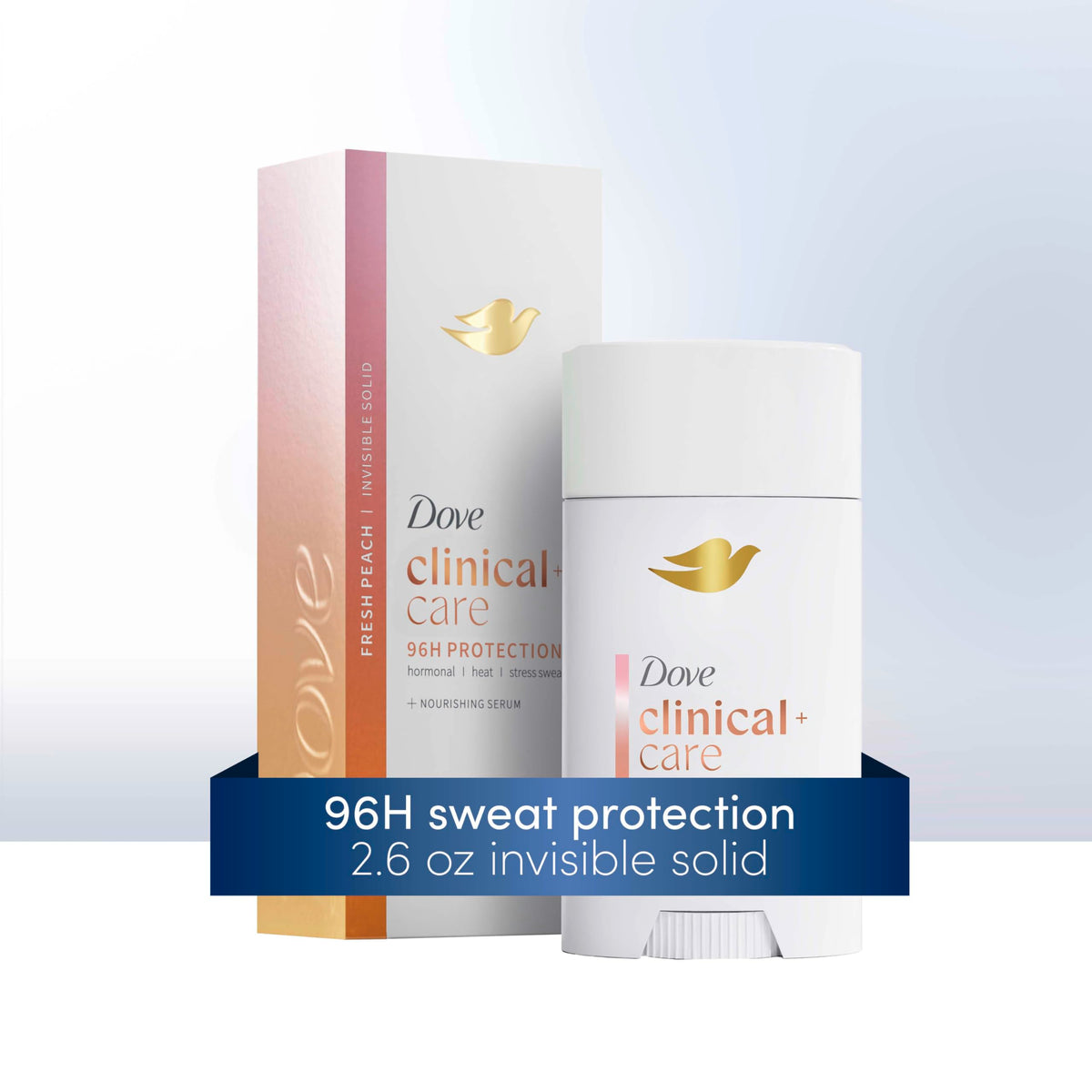 Hand applying Dove Clinical + Care stick demonstrating easy, no-mess use