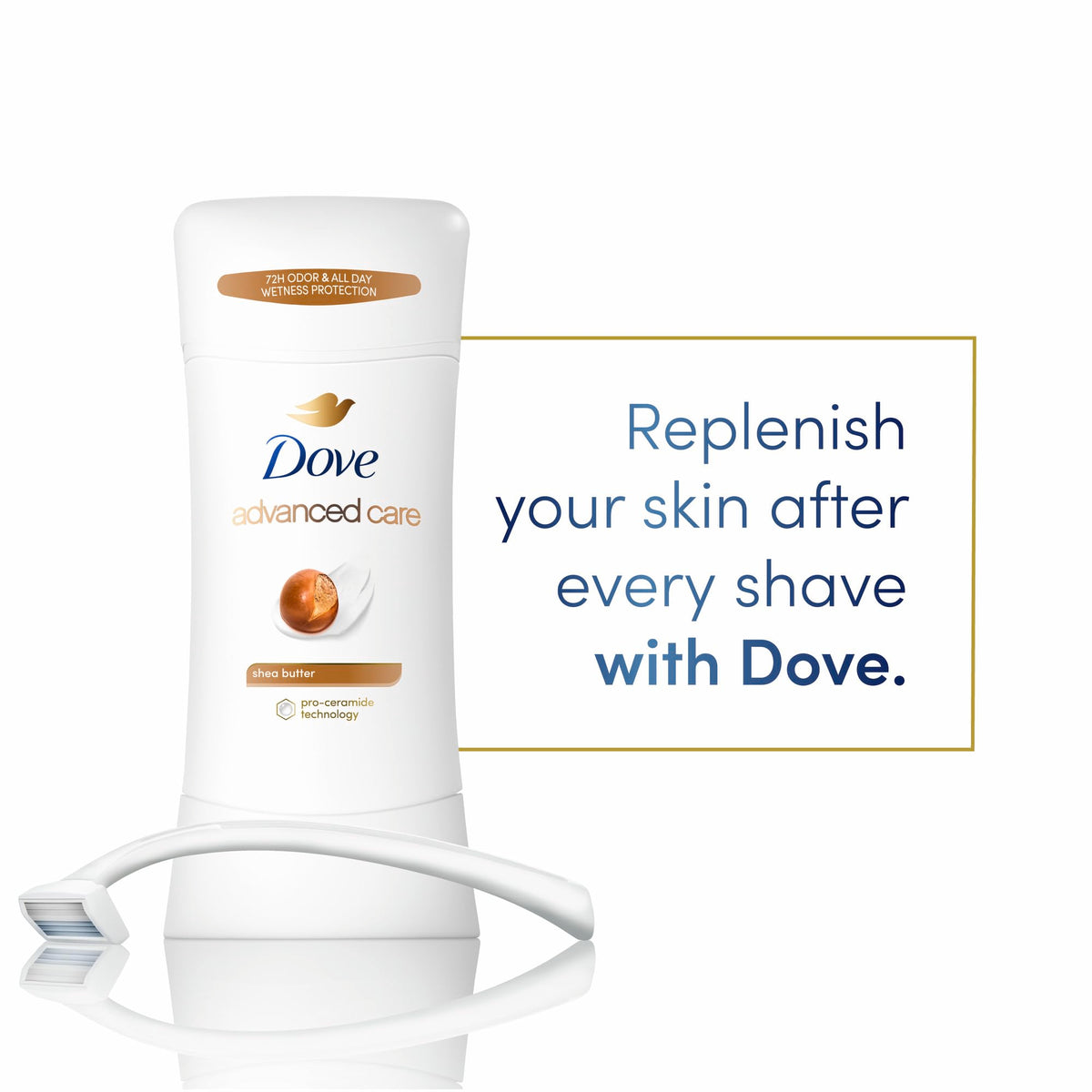 Dove applying stick underarm in use demonstrating long-lasting protection