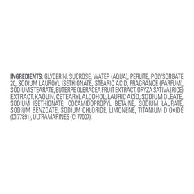 Back label of Dove scrub displaying ingredient highlights and simple directions for use