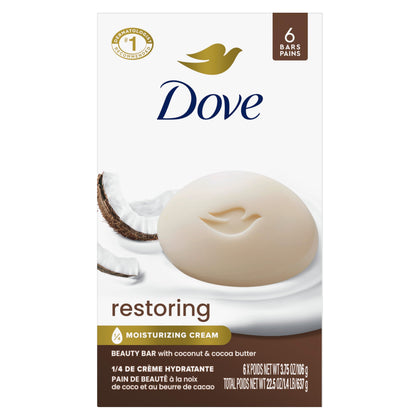 Dove front packaging showing six-count beauty bars and comforting scent benefit