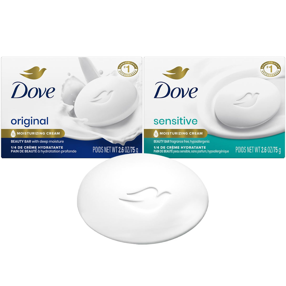 Dove beauty bar front packaging showing both bars and pack benefit