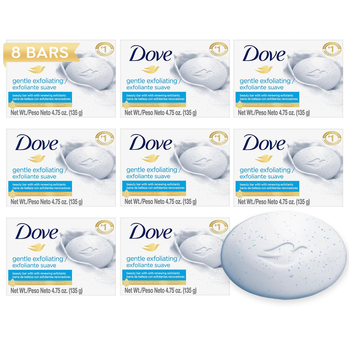 Dove front packaging showing eight moisturizing beauty bars and benefits