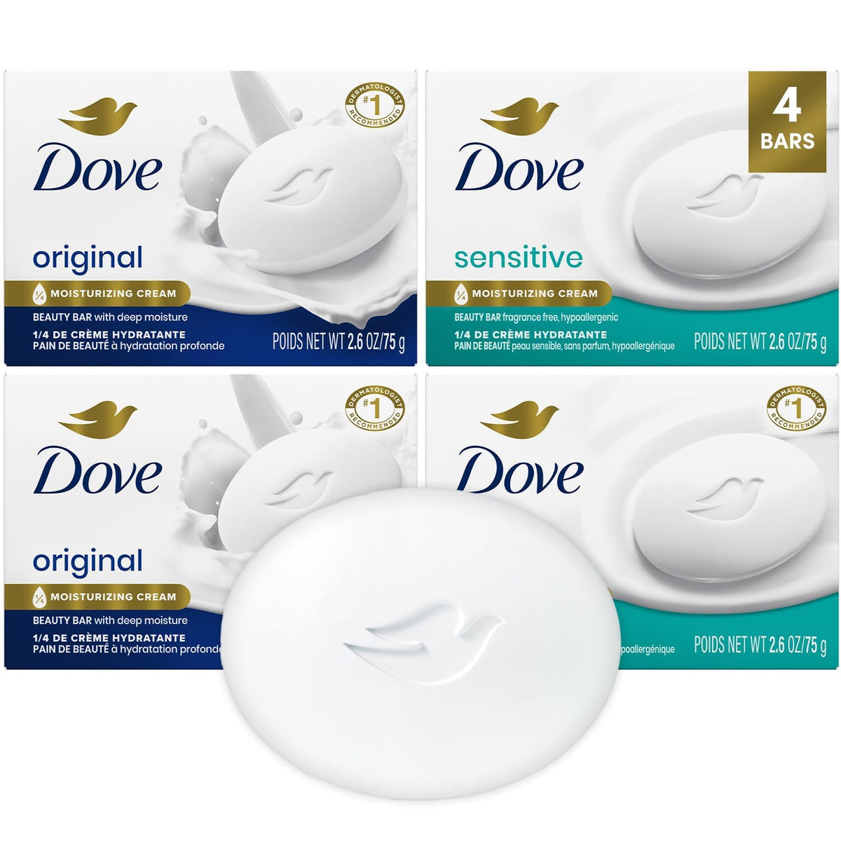 Dove beauty bar front packaging showing four bars and benefits