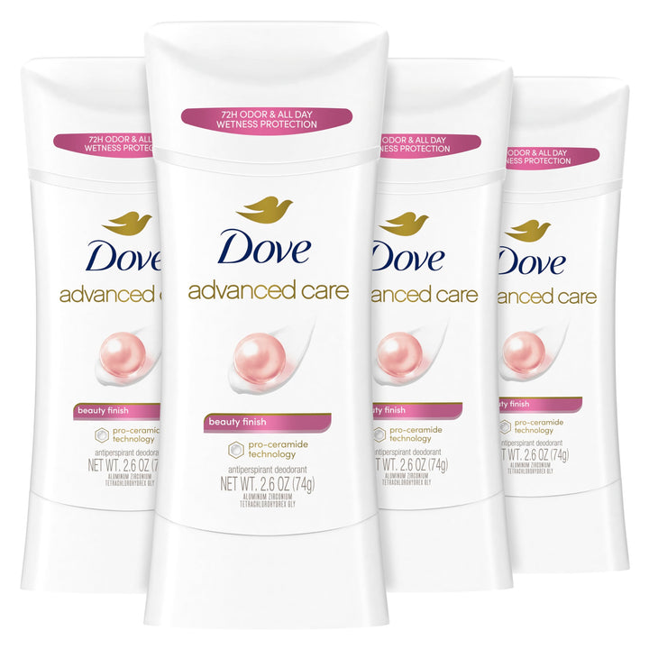 Dove Beauty Finish front packaging showing four sticks and product benefit