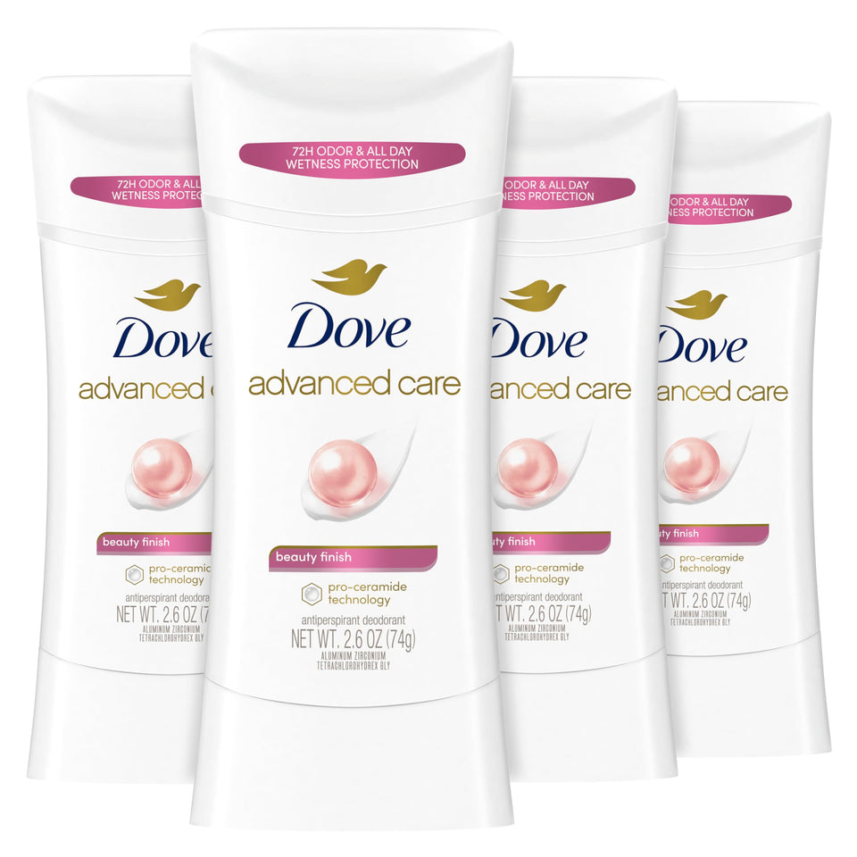 Dove Beauty Finish front packaging showing four sticks and product benefit