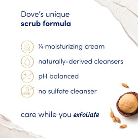 Dove body scrub in shower being massaged on skin for hydrated exfoliation