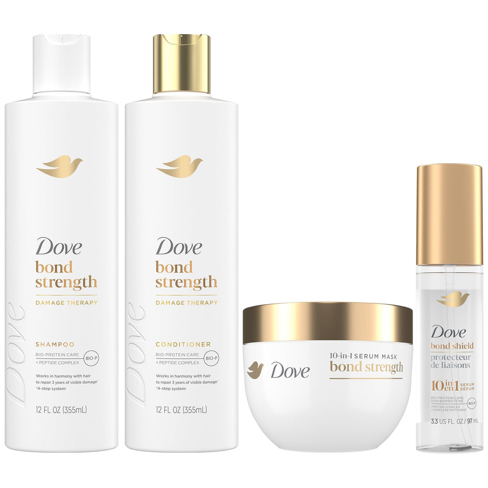 Dove front packaging showing full bond strength set and easy routine benefits