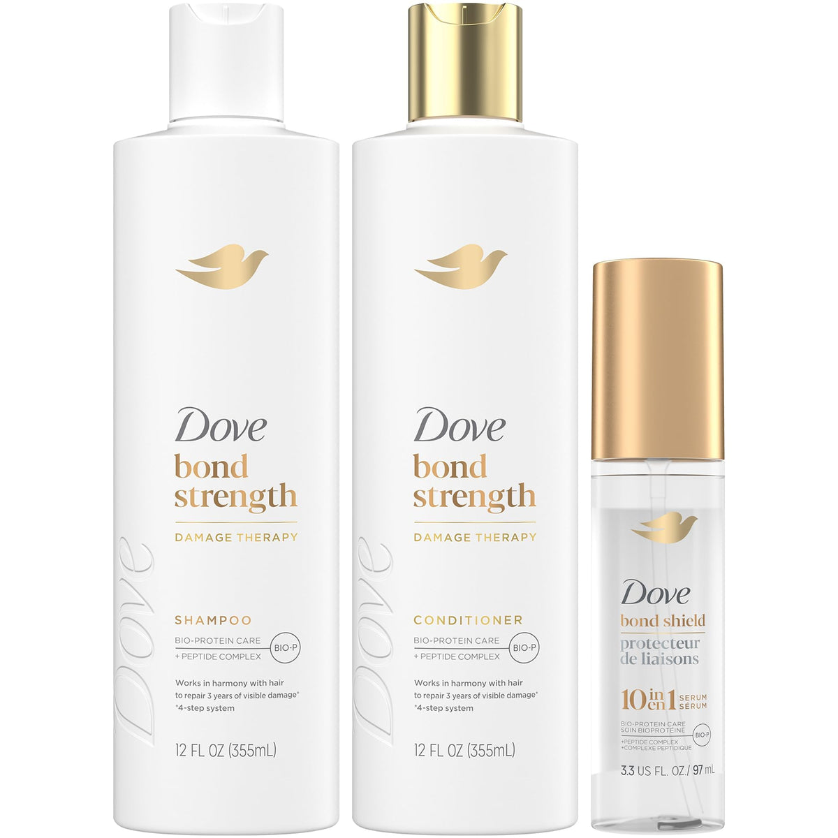 Dove bond strength front packaging showing complete three-piece bundle benefits