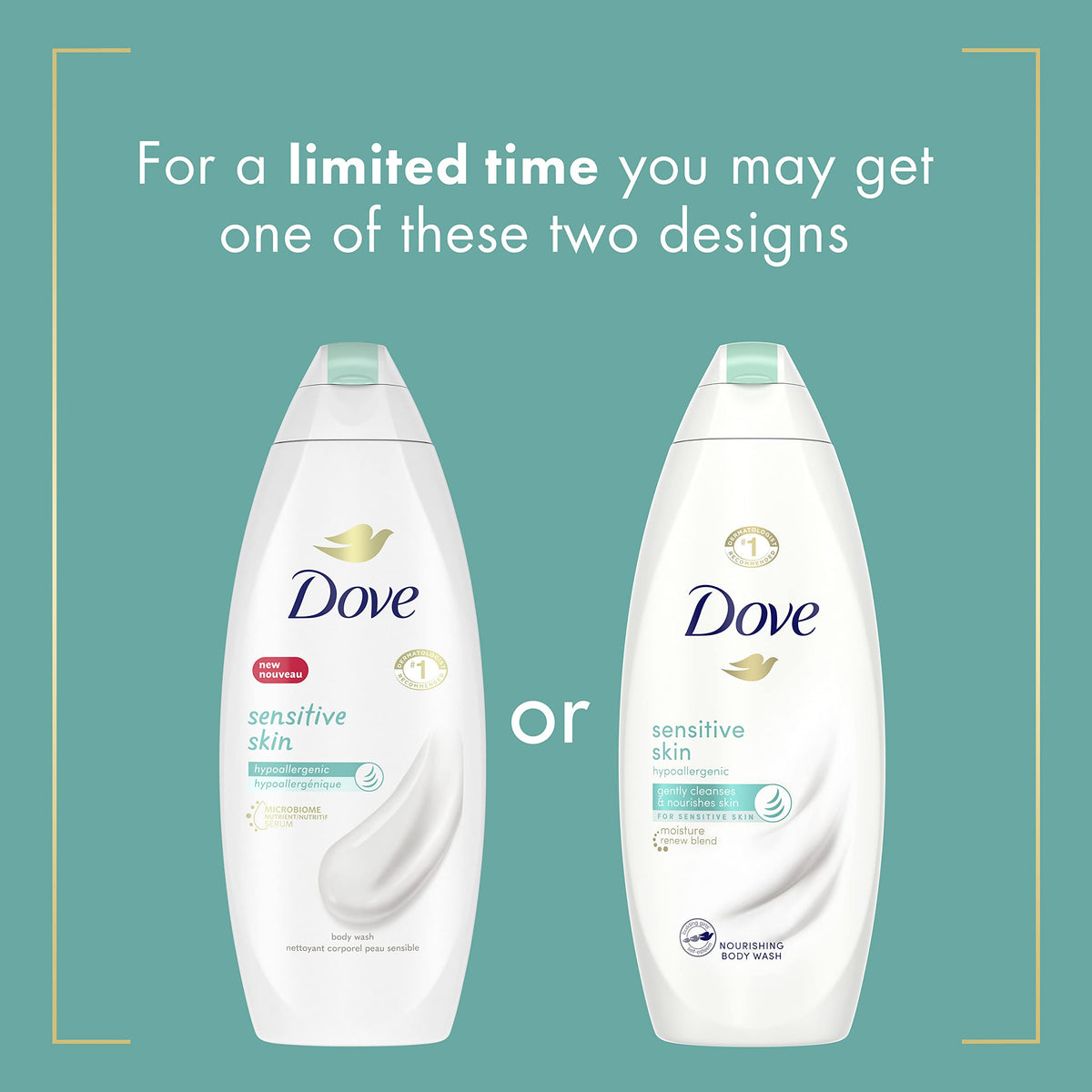 Dove closeup of pump and label highlighting easy dispensing and clear info