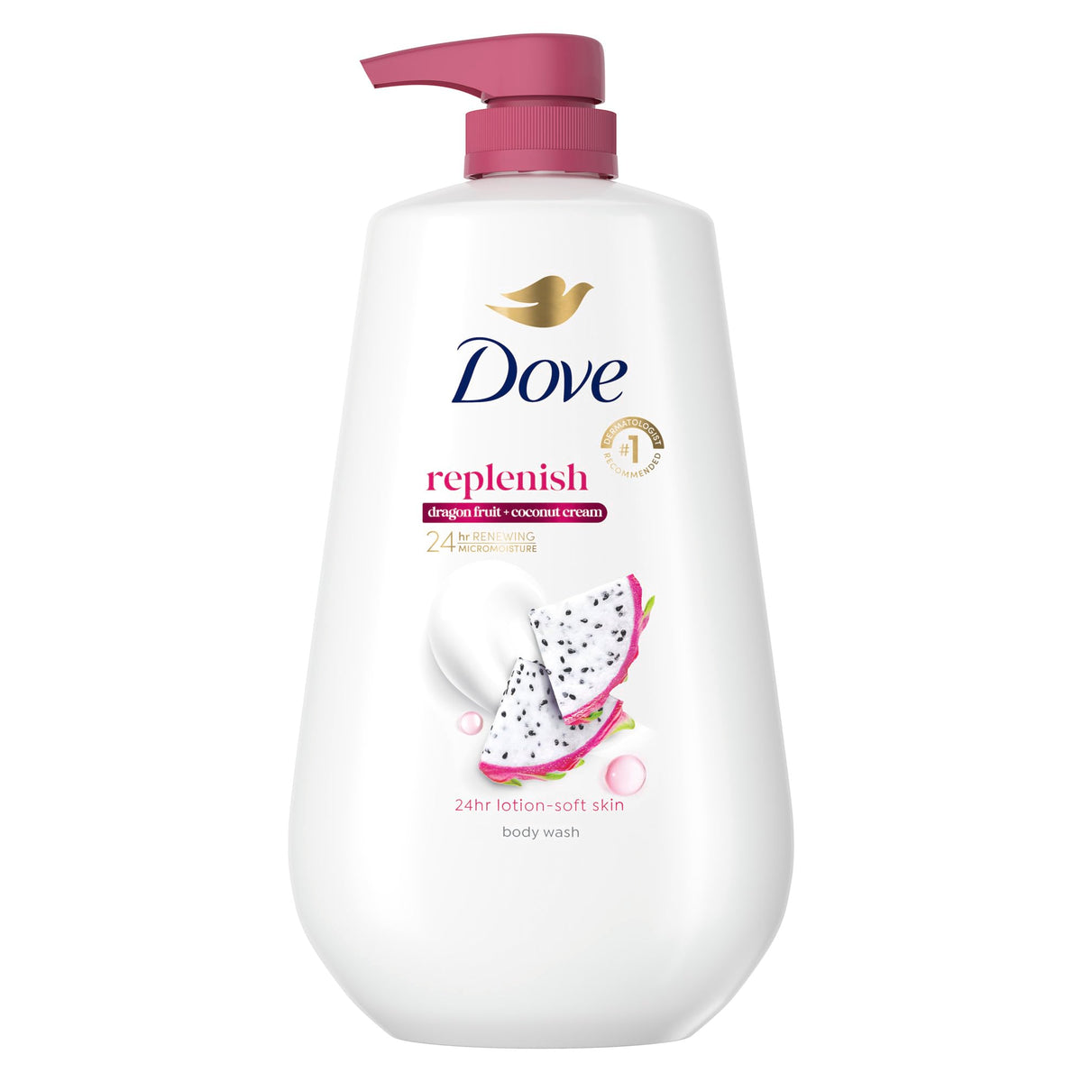 Dove bottle front packaging showing dragon fruit and coconut benefits