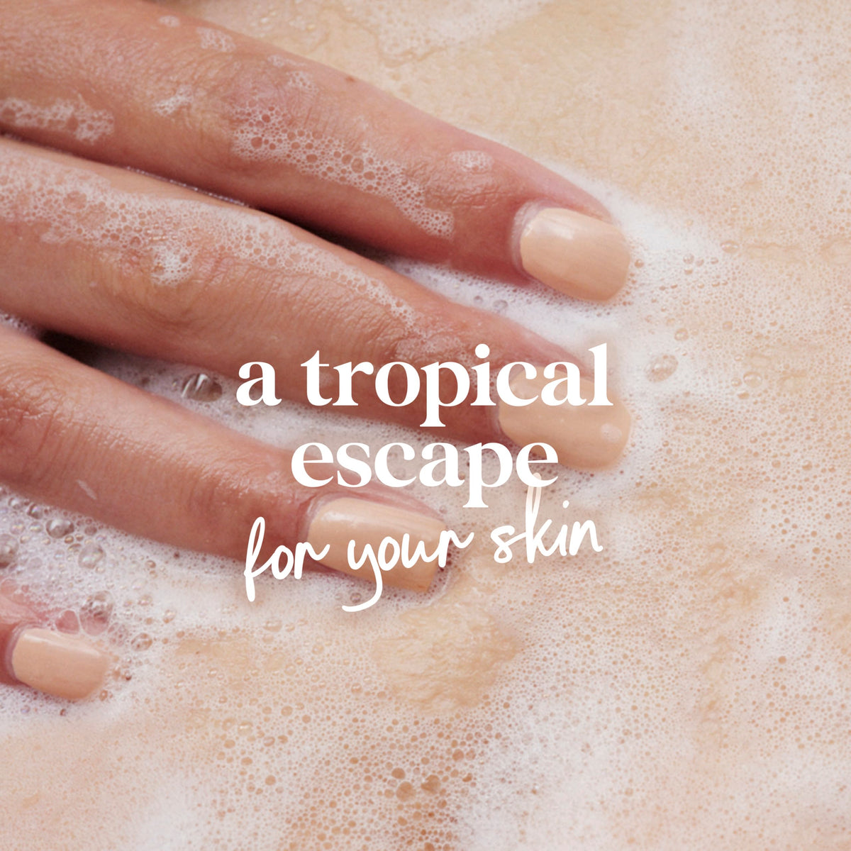 Dove bottle in shower lifestyle scene conveying a tropical escape benefit