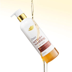 Dove bottle placed in shower showing easy rinsing and non-greasy finish