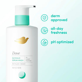 Clear shot of Dove ingredients label highlighting 2% glycolic acid and pH-optimized formula