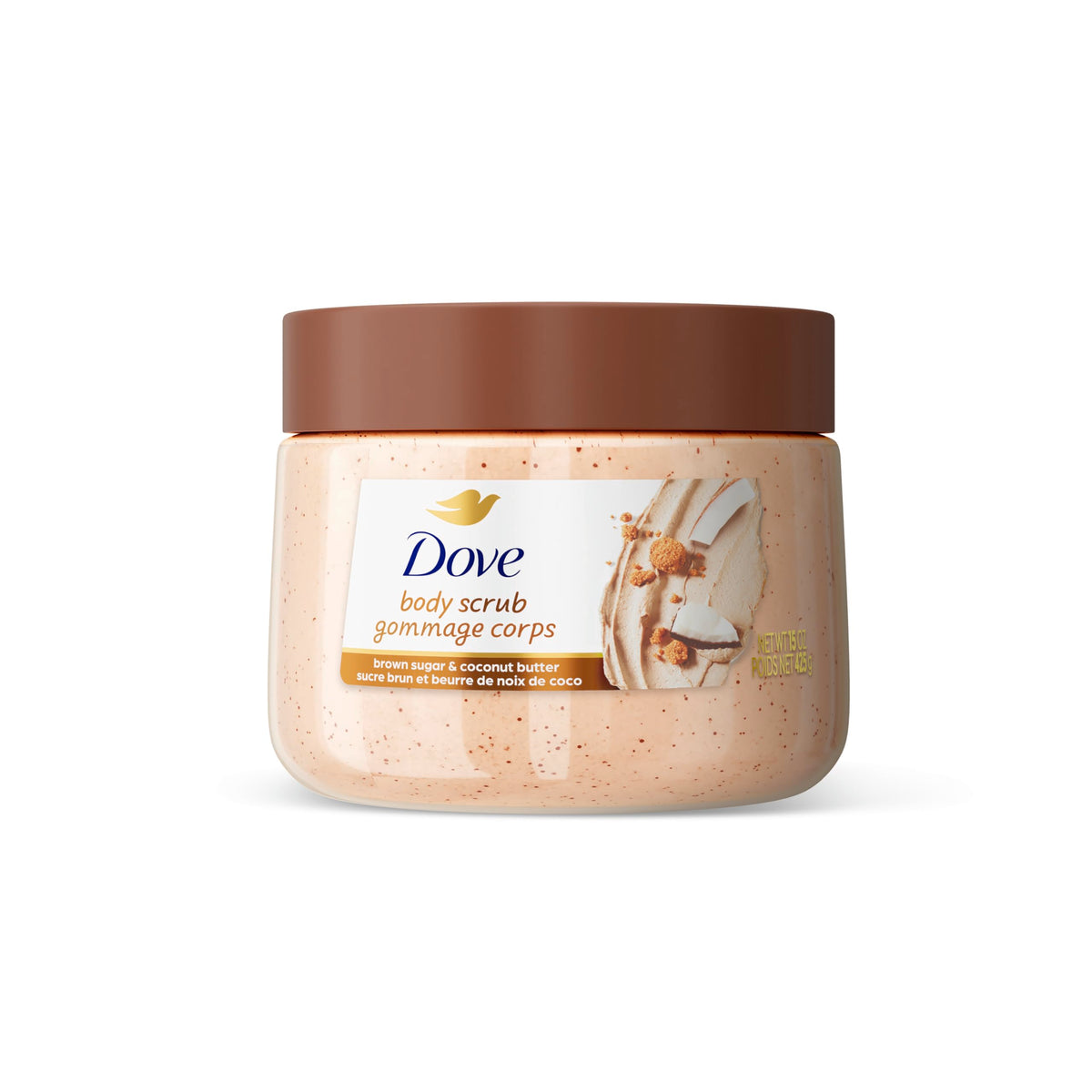 Dove jar front view showing product and scent benefits