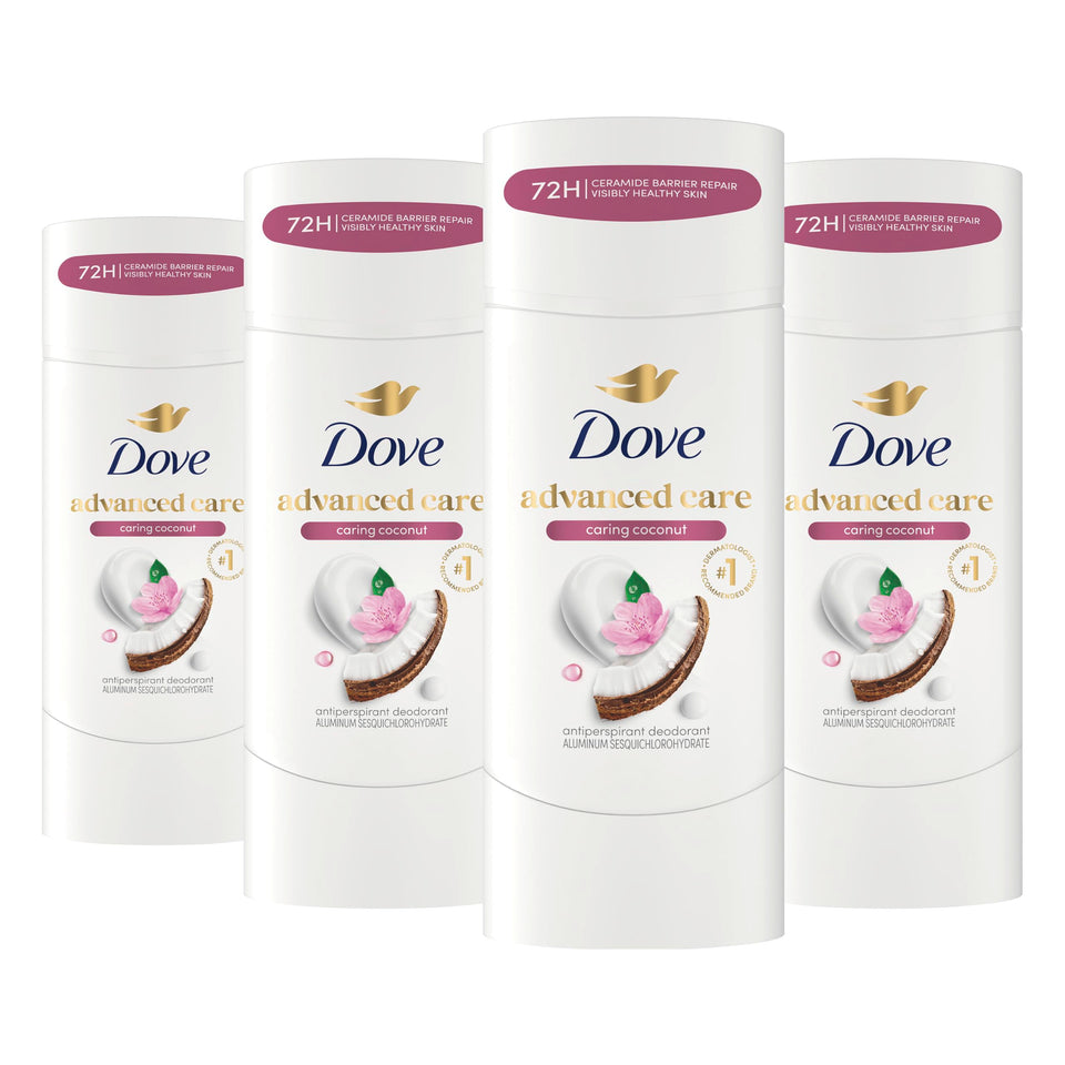 Dove caring coconut front packaging showing protection and caring benefits