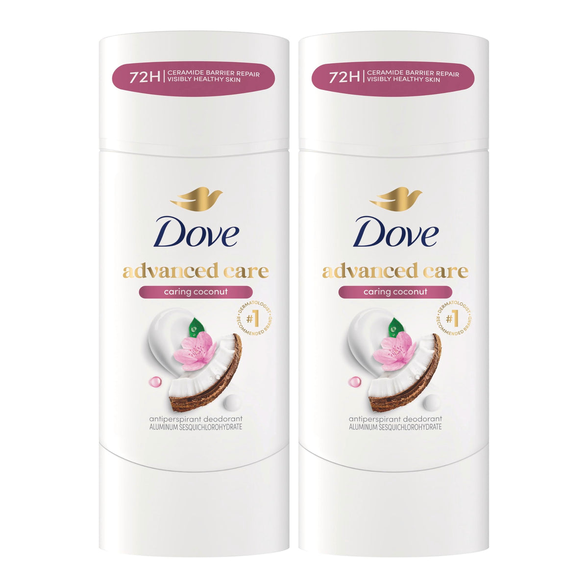 Dove caring coconut front packaging showing two sticks and brand