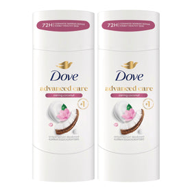 Dove caring coconut front packaging showing two sticks and brand