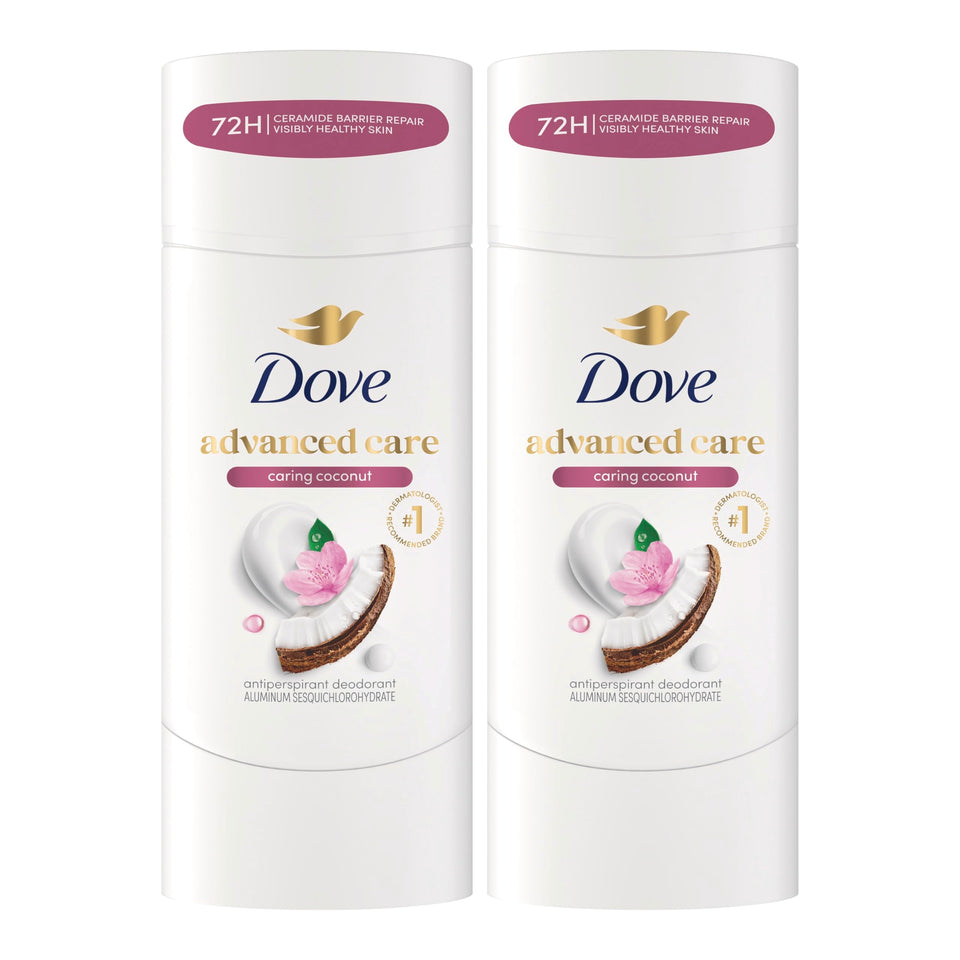 Dove caring coconut front packaging showing two sticks and brand