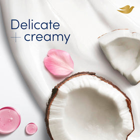 Dove caring coconut ingredient label closeup showing Pro-Ceramide Technology details