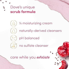 Crushed cherries and chia seeds beside Dove scrub highlighting natural ingredients