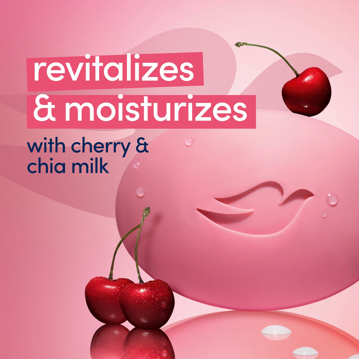 Visual of cherries and chia seeds next to Dove bar highlighting natural-inspired fragrance and texture