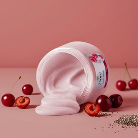 Dove texture close-up with cherry particles visible for effective exfoliation