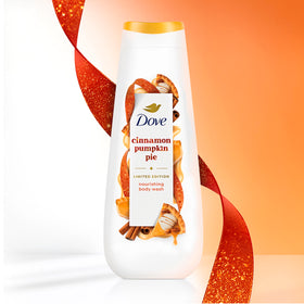 Dove bottle paired with loofah showing rich lather and gentle cleansing benefit